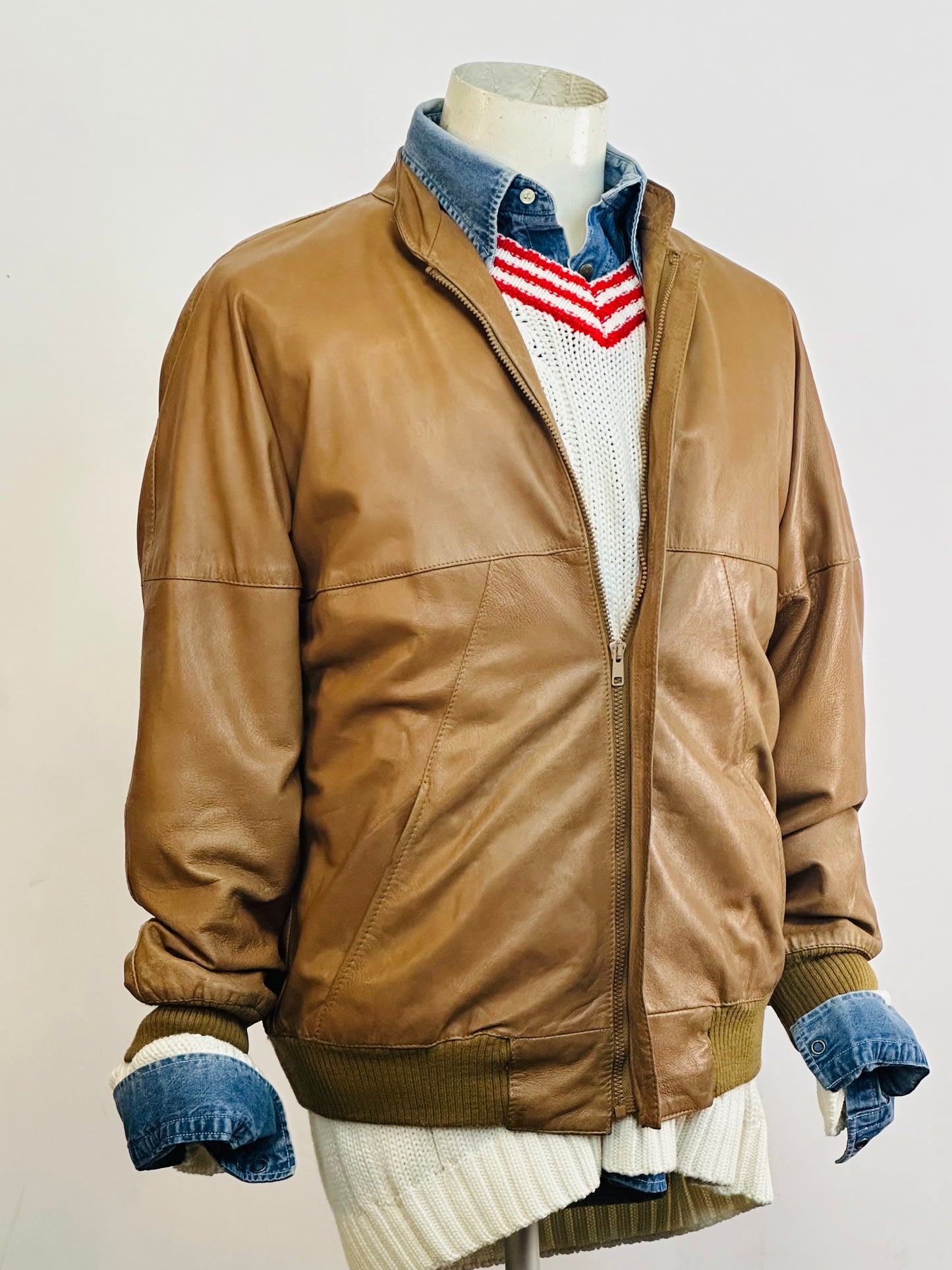 🧥 Giacca vintage in pelle color miele chiaro – Bomber anni ’80