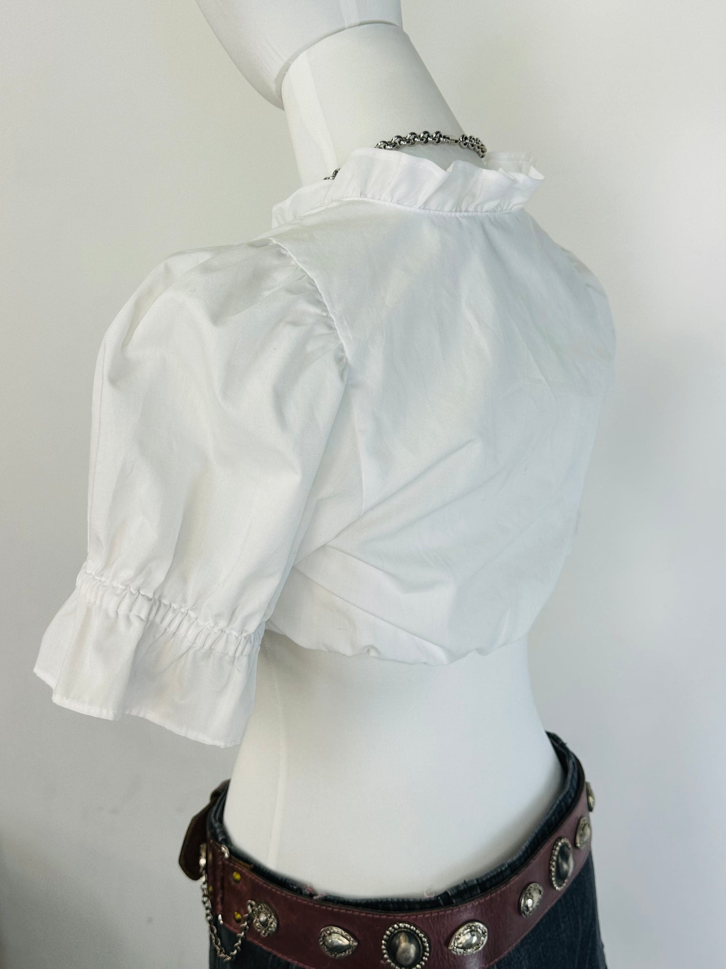 Crop Top Bianco con Maniche a Sbuffo e Coulisse