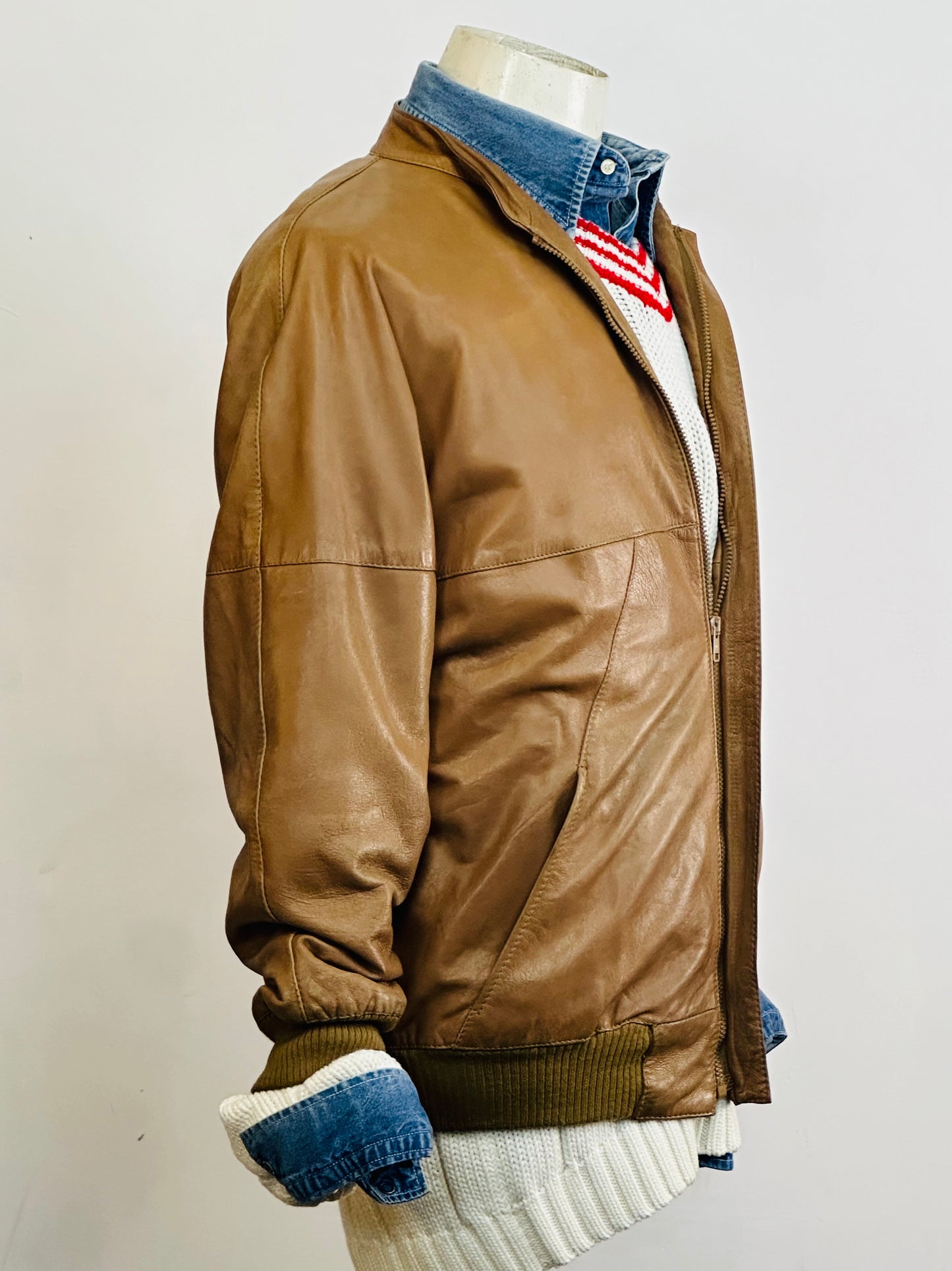 🧥 Giacca vintage in pelle color miele chiaro – Bomber anni ’80