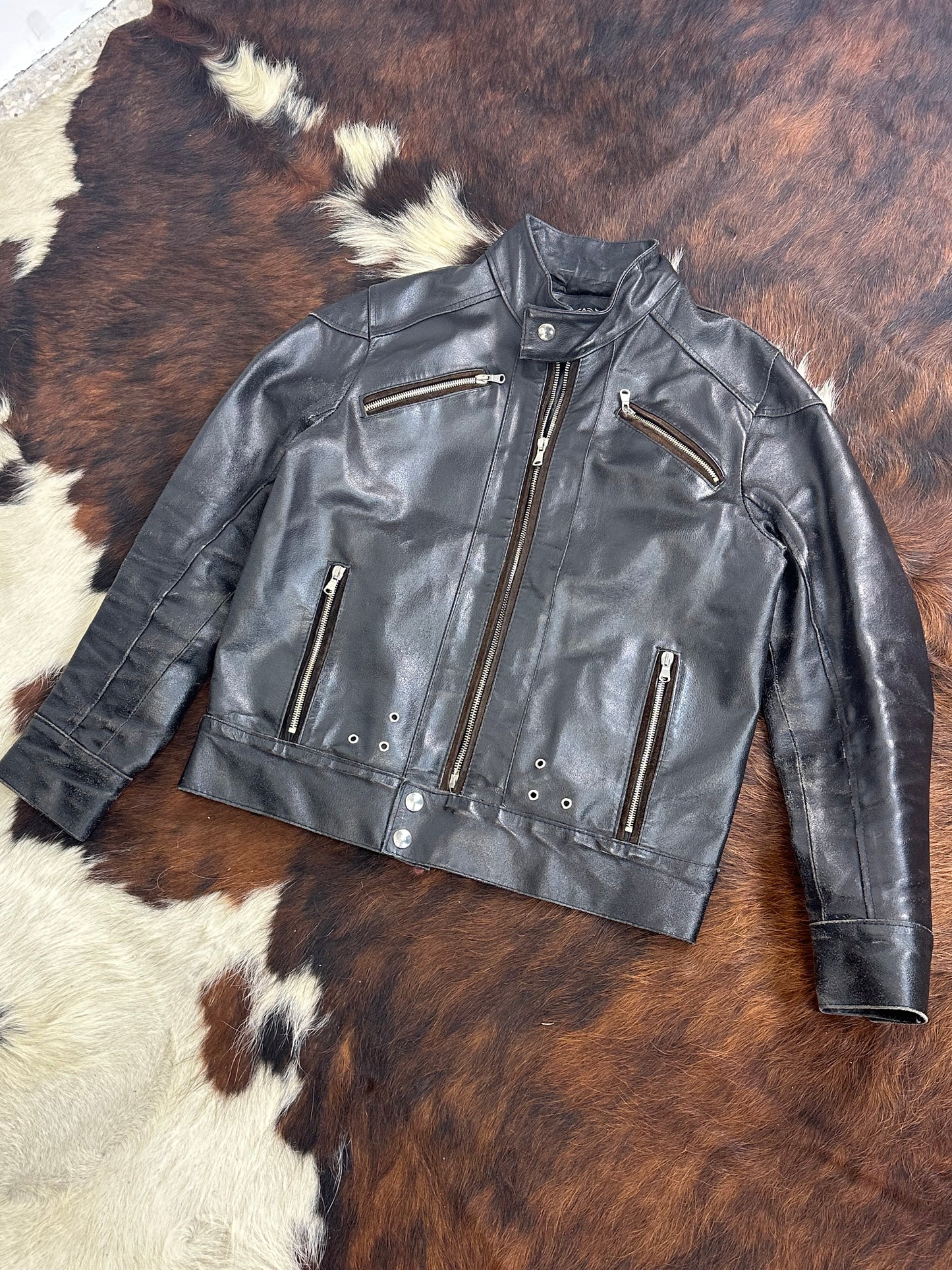 Giacca in Pelle Nera Vintage Stile Biker
