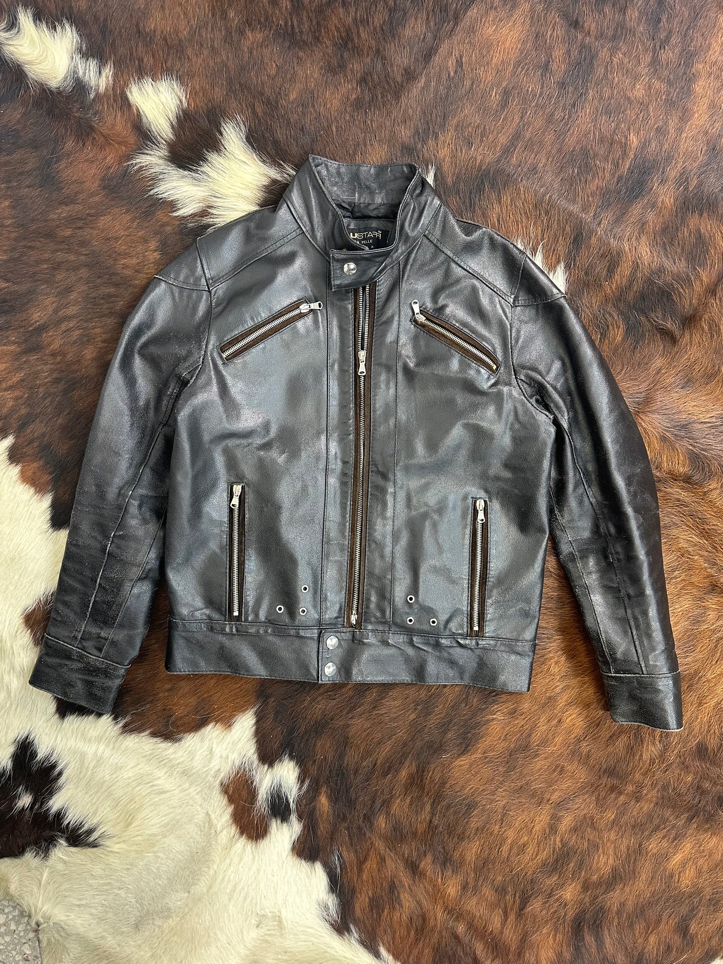Giacca in Pelle Nera Vintage Stile Biker