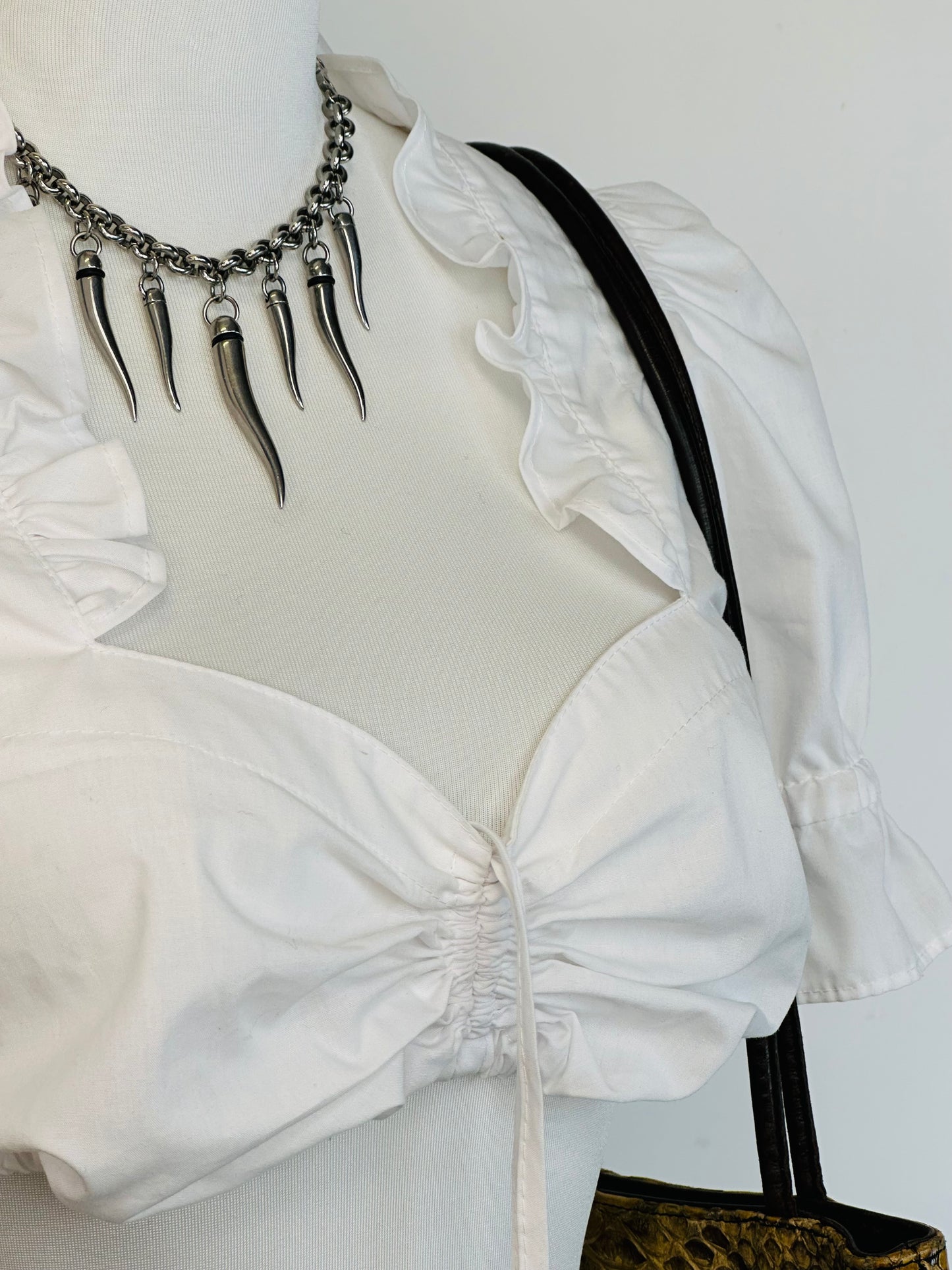 Crop Top Bianco con Maniche a Sbuffo e Coulisse