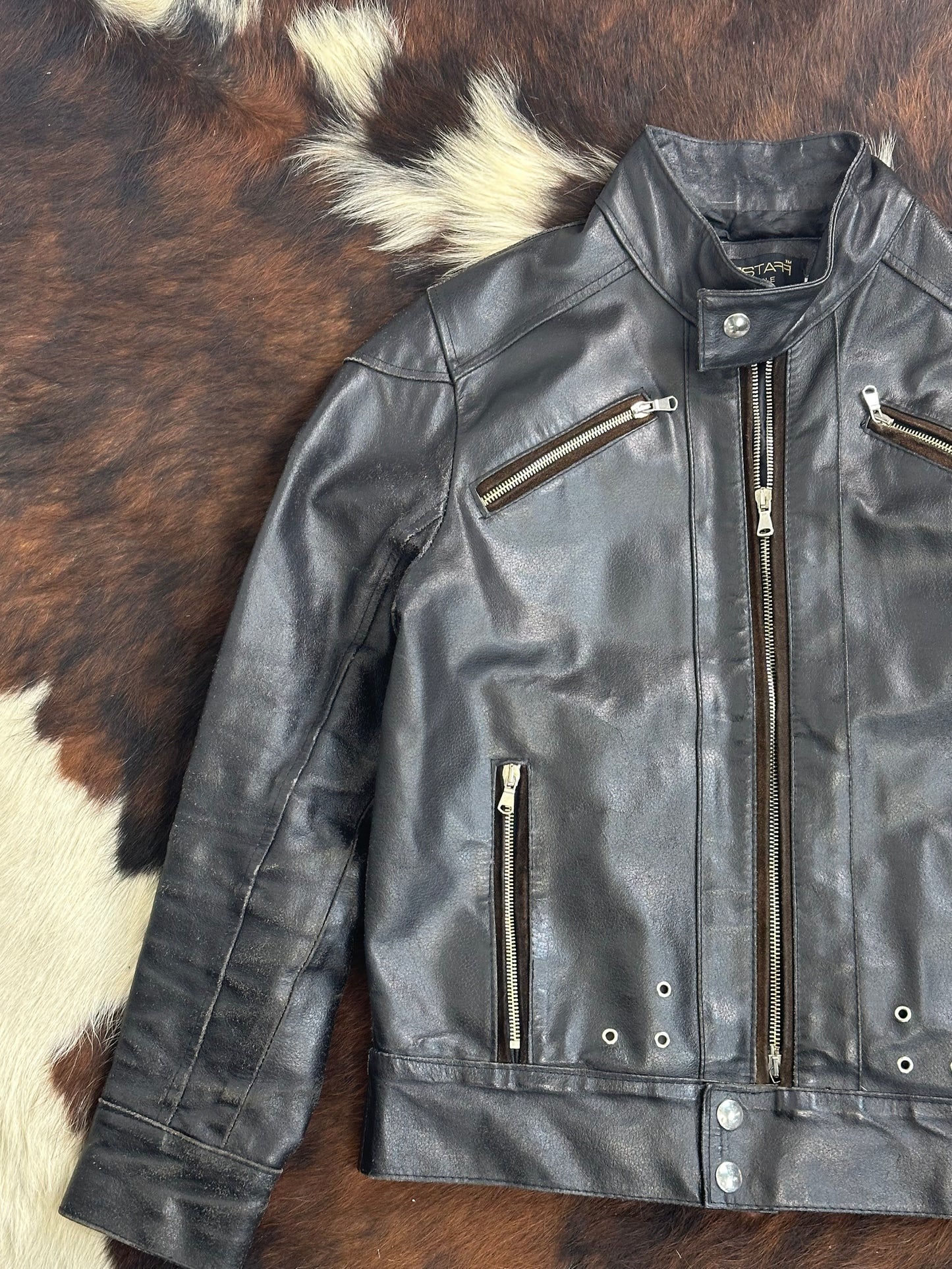 Giacca in Pelle Nera Vintage Stile Biker
