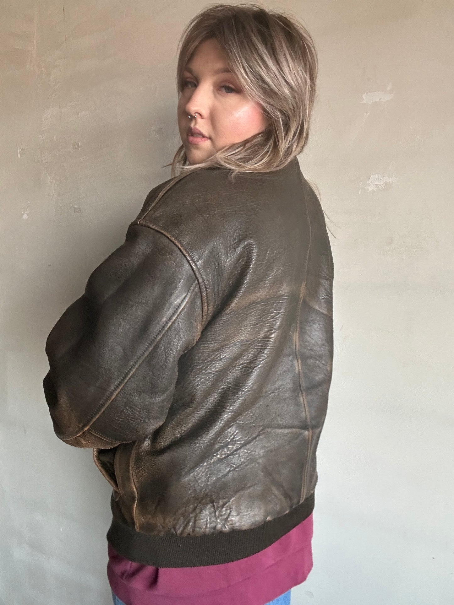 Avirex- Giacca in pelle bomber marrone invecchiato