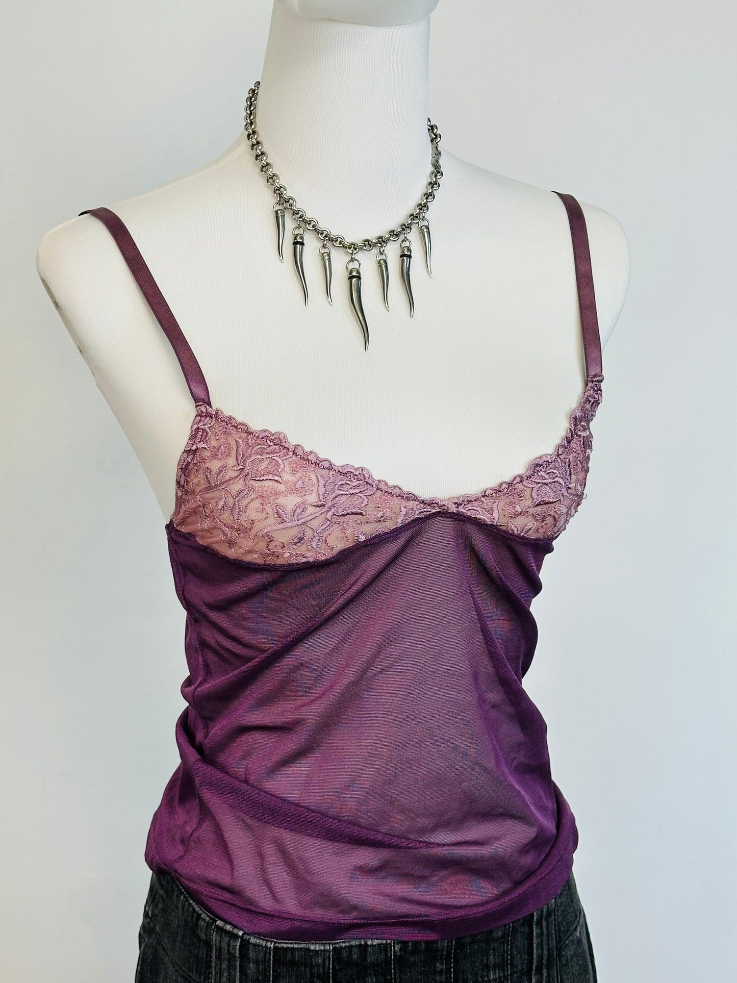 Y2k tank micromesh top, Top Vintage in Micromesh Viola con Dettagli in Pizzo Rosa Malva