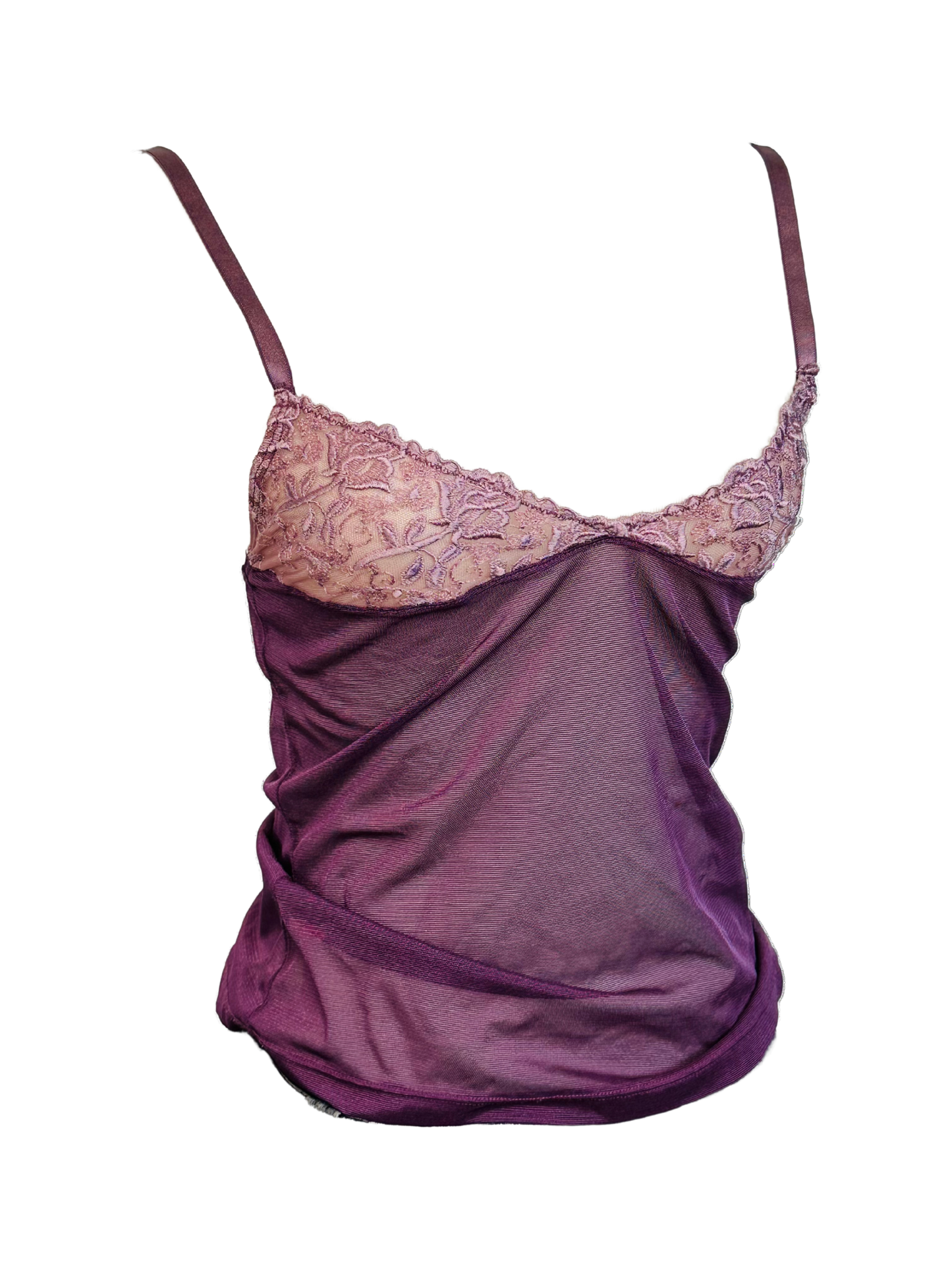 Y2k tank micromesh top, Top Vintage in Micromesh Viola con Dettagli in Pizzo Rosa Malva