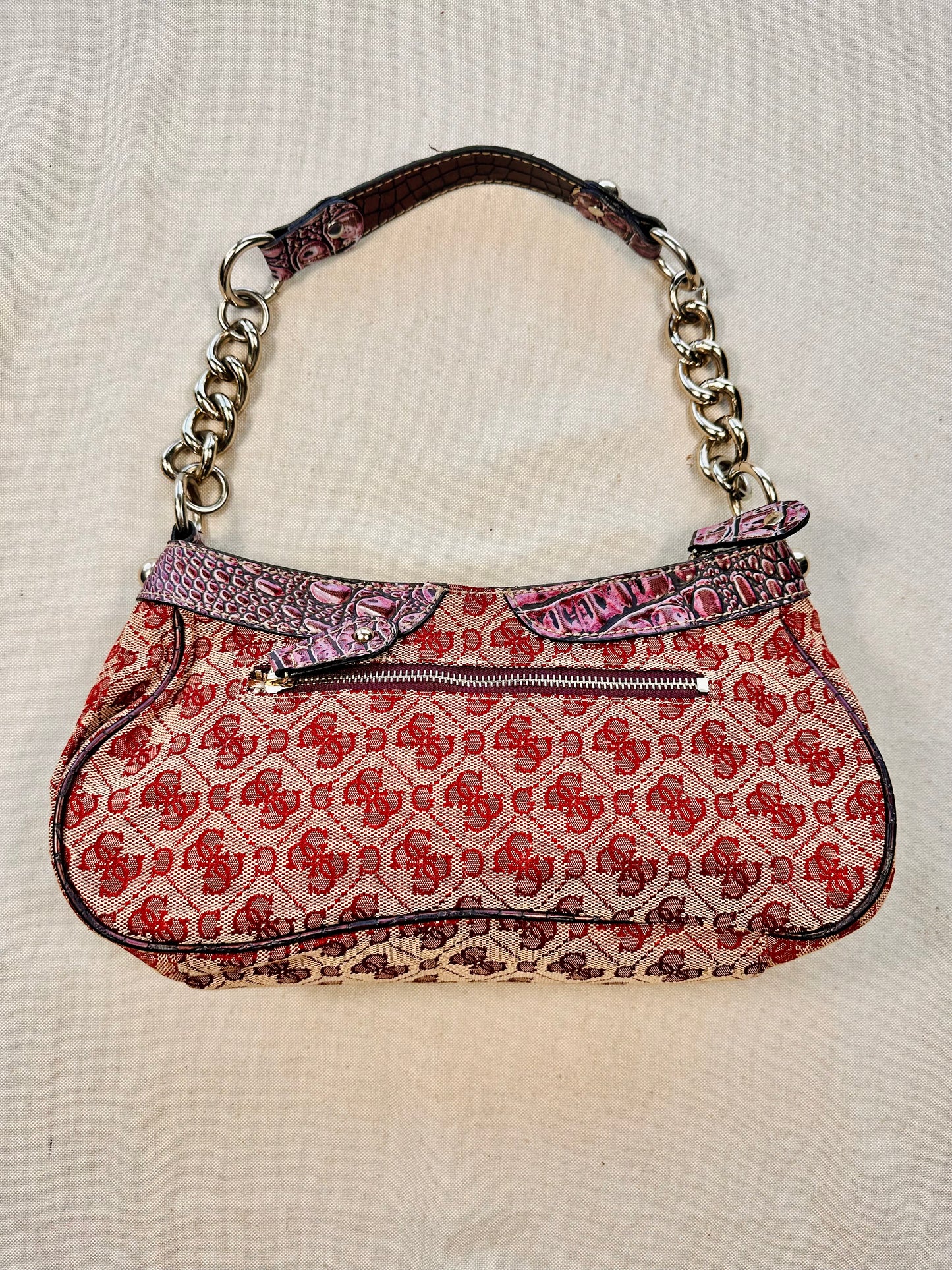 GUESS - Vintage Shoulder Bag Monogram – Burgundy & Pink Croc Effect 🌸