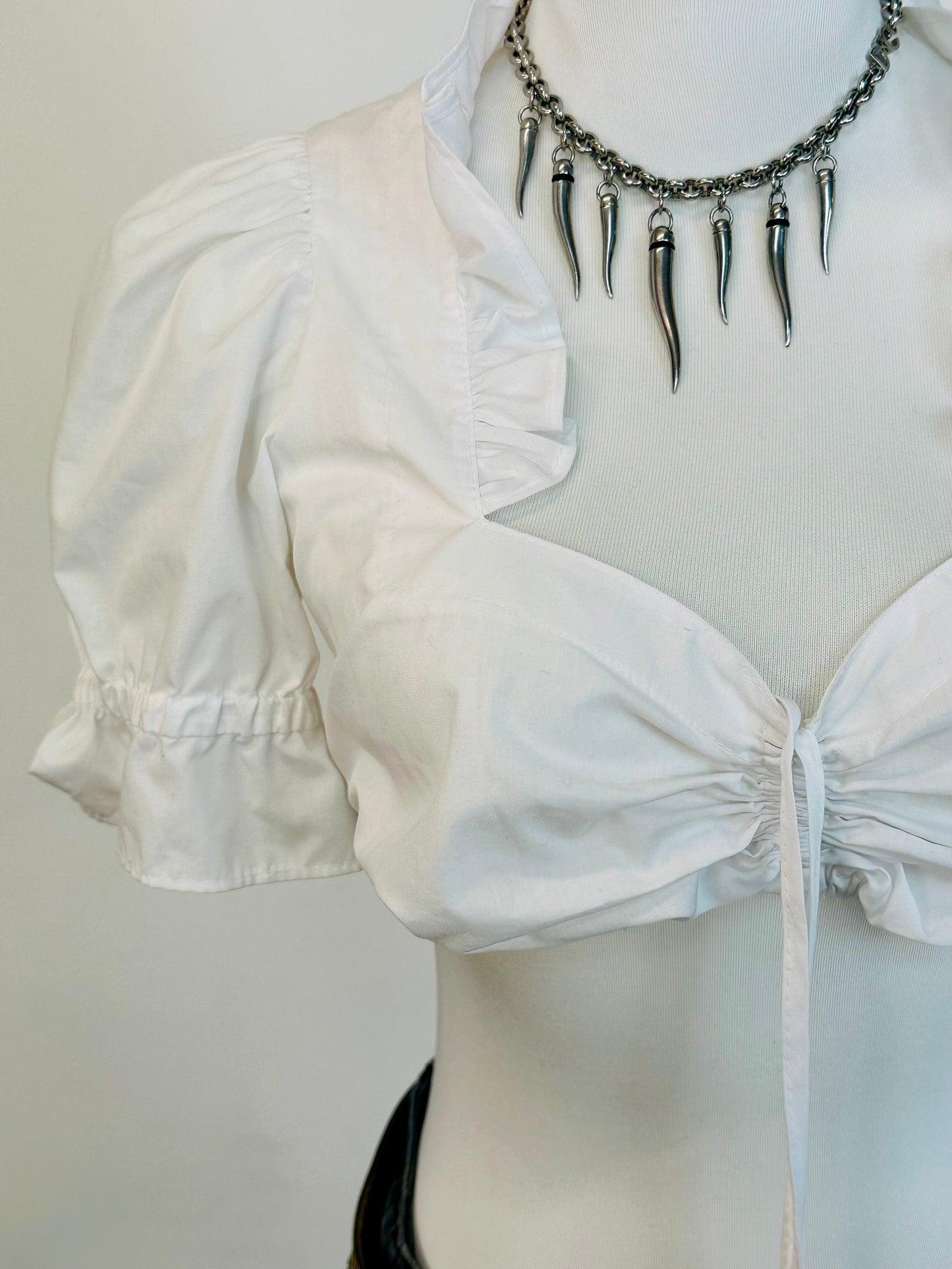 Crop Top Bianco con Maniche a Sbuffo e Coulisse