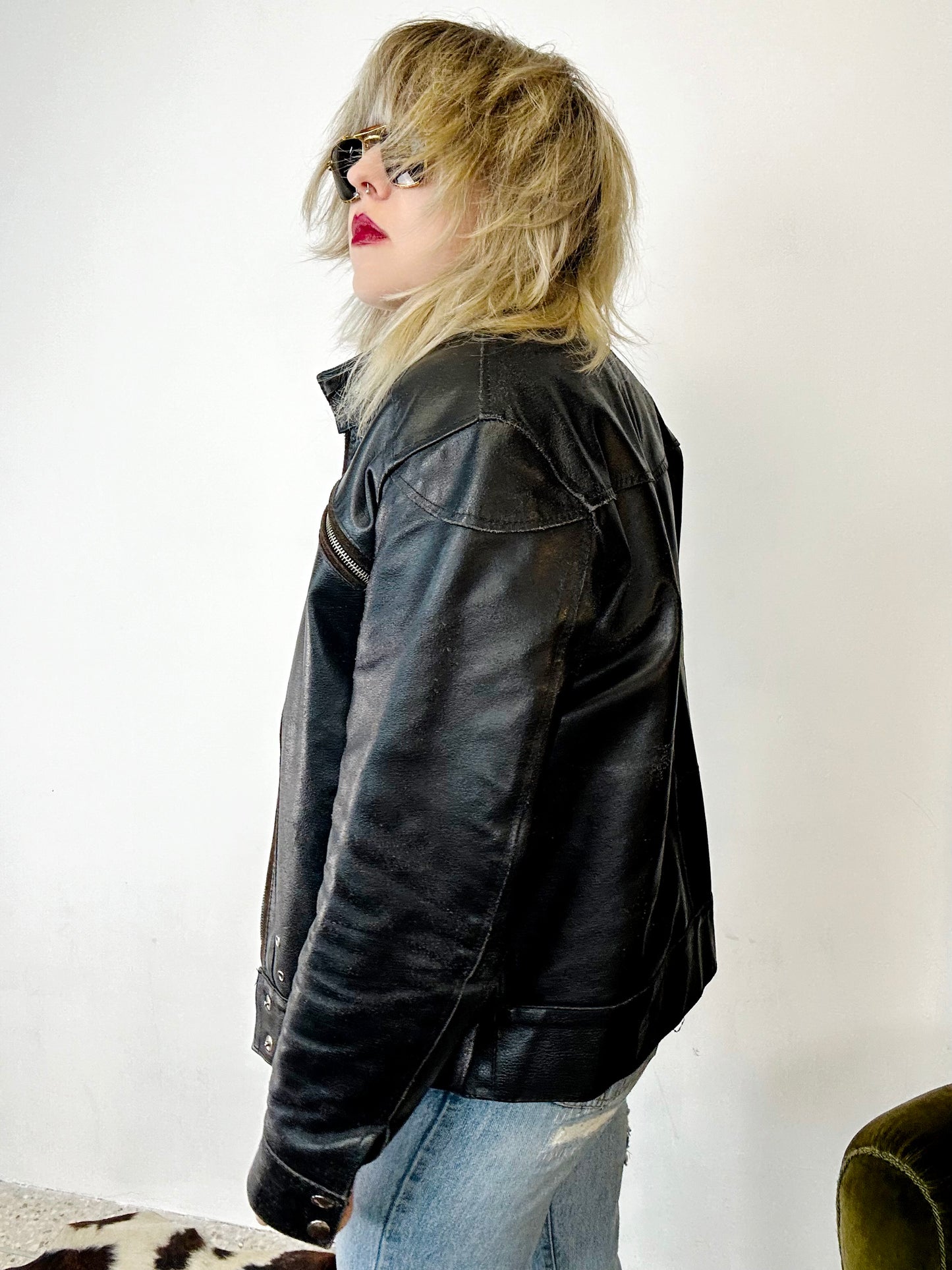 Giacca in Pelle Nera Vintage Stile Biker