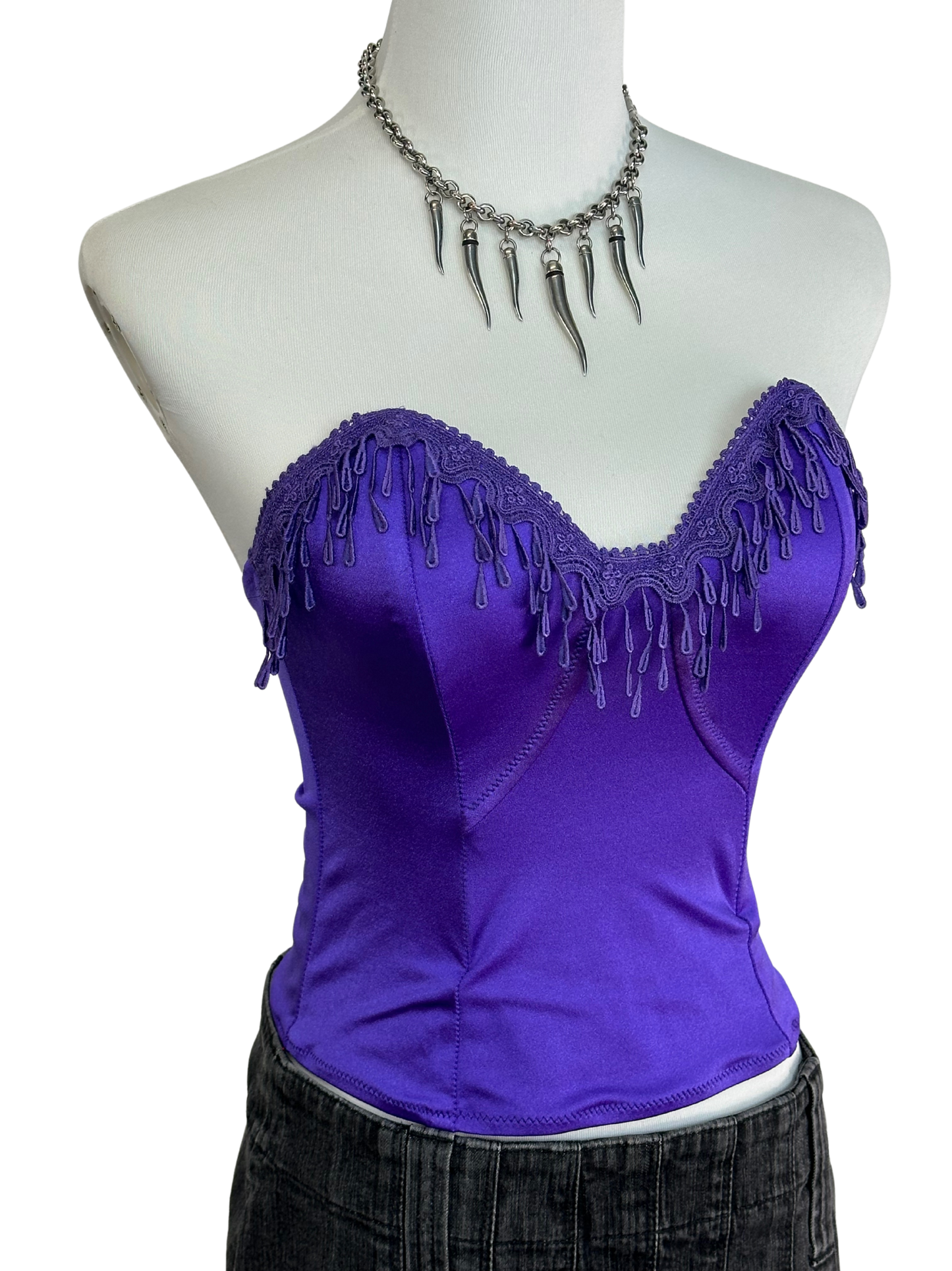 Top bustier vintage elasticizzato viola con ricami a goccia