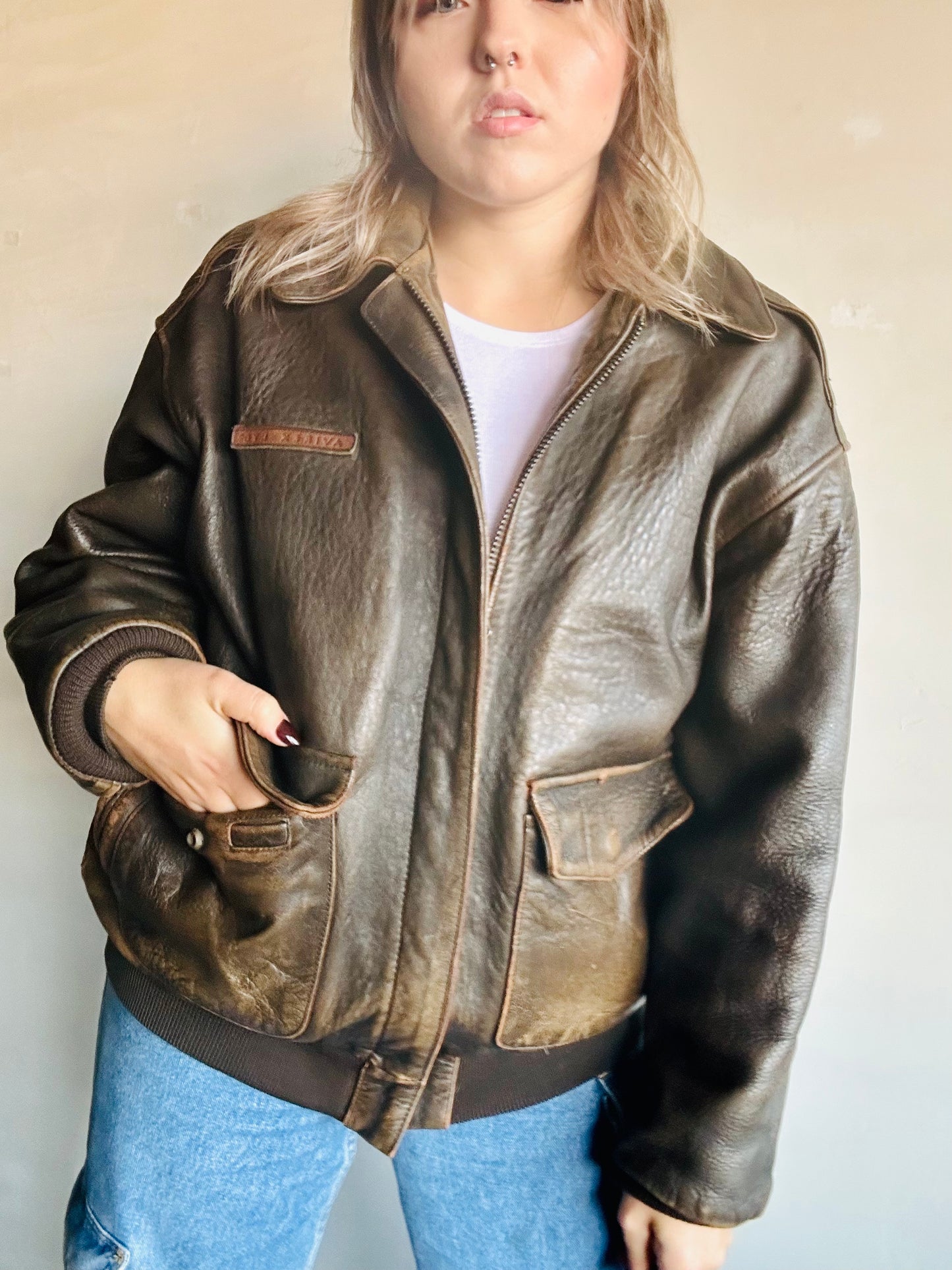 Avirex- Giacca in pelle bomber marrone invecchiato