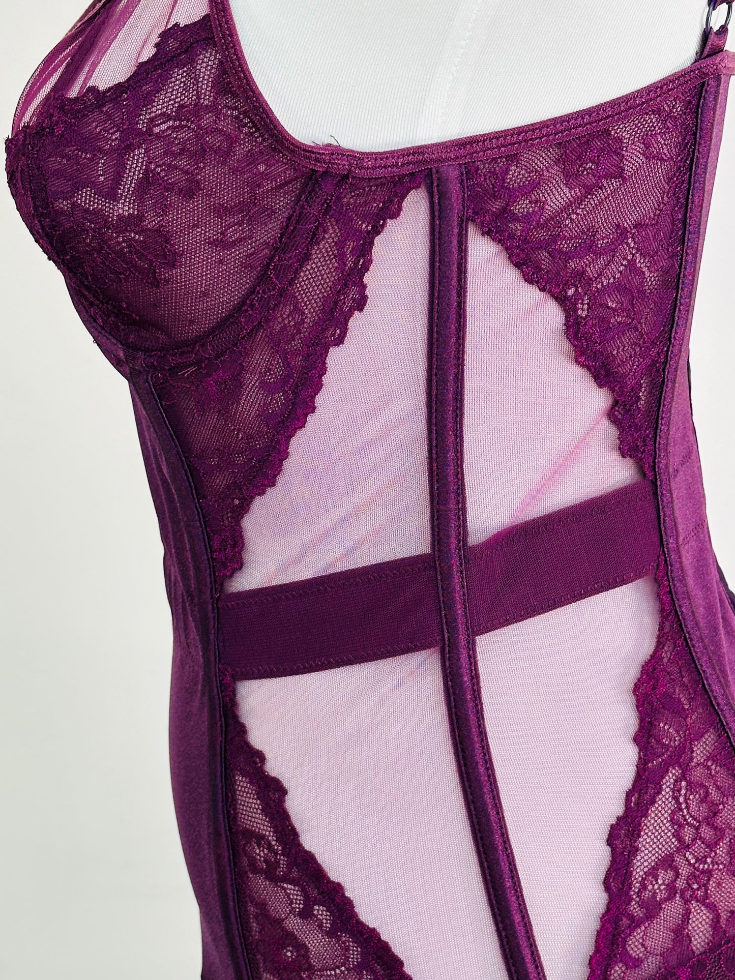 Corsetto vintage in micromesh e pizzo color mora