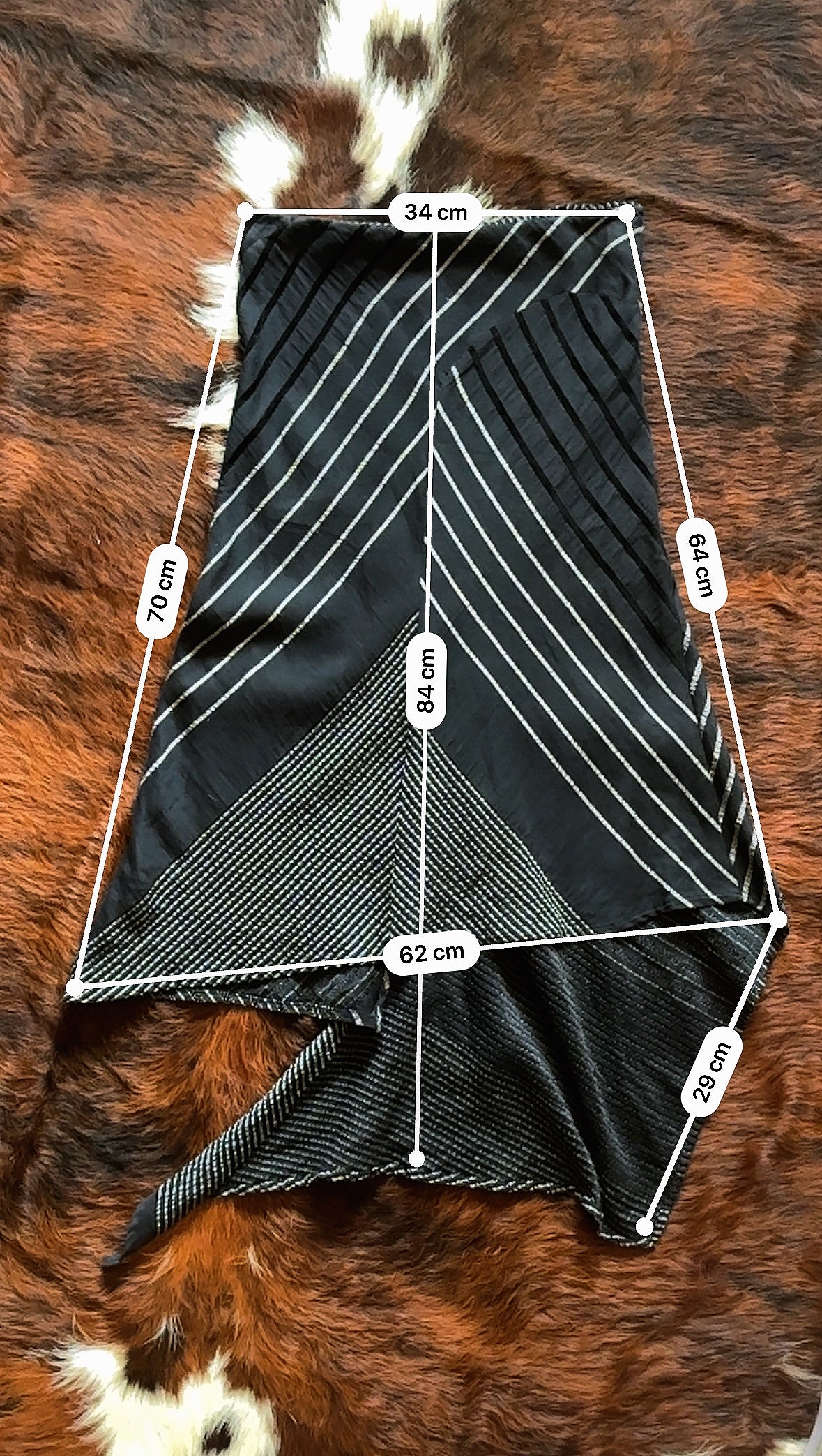 Gonna vintage asimmetrica Made in Italy con righe geometriche e pannello drappeggiato