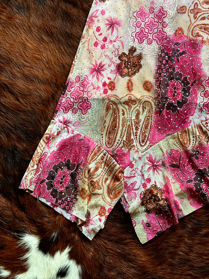 Gonna vintage patchwork con volant asimmetrico e glitter – Rosa & paisley Y2K
