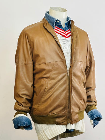 🧥 Giacca vintage in pelle color miele chiaro – Bomber anni ’80