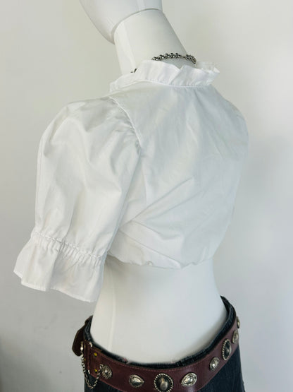 Crop Top Bianco con Maniche a Sbuffo e Coulisse