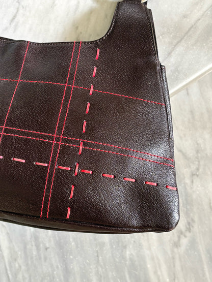 PENNYBLACK - Vintage Y2K Brown Leather Shoulder Bag – Borsa in Pelle Marrone con Cuciture Rosse