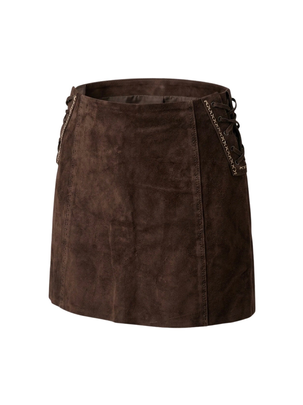 Gonna vintage in pelle scamosciata marrone con lacci laterali