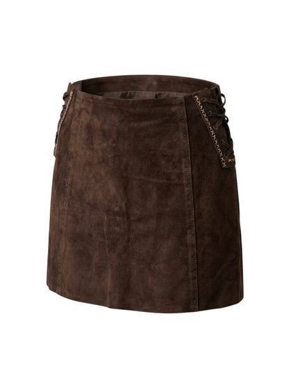 Gonna vintage in pelle scamosciata marrone con lacci laterali