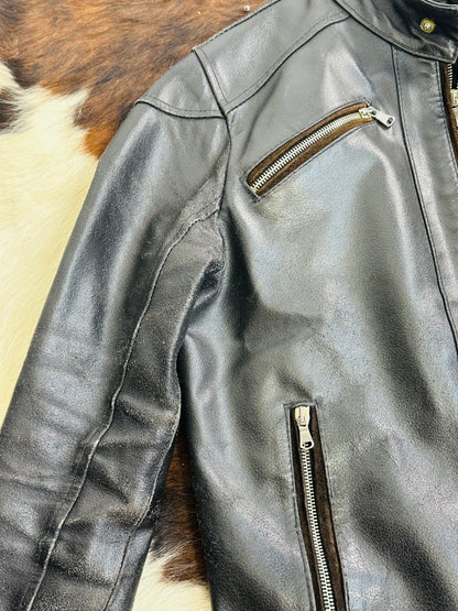 Giacca in Pelle Nera Vintage Stile Biker