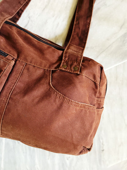 Borsa a spalla in cotone marrone ruggine multipocket – stile Y2K