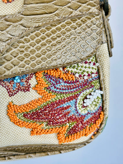 JUST CAVALLI - Borsa hobo-chic Y2K in tessuto ricamato e pelle effetto pitone