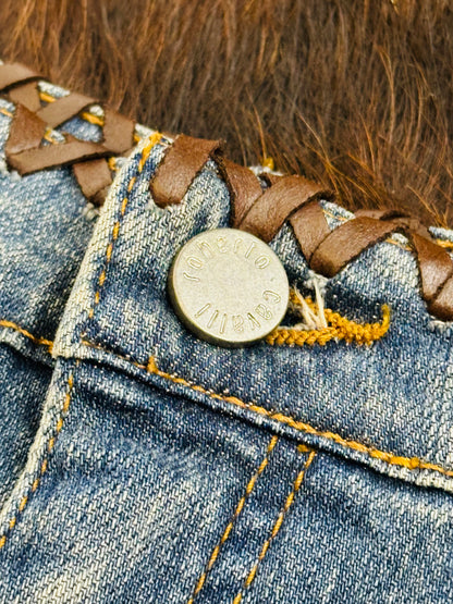 ￼ROBERTO CAVALLI - Jeans Western Revival in Denim e Pelle con Frange