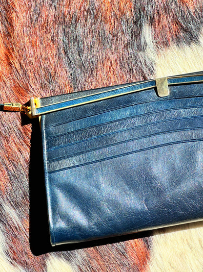 CLUTCH - Borsa Vintage Structured in Pelle Blu Notte con Chiusura Gioiello