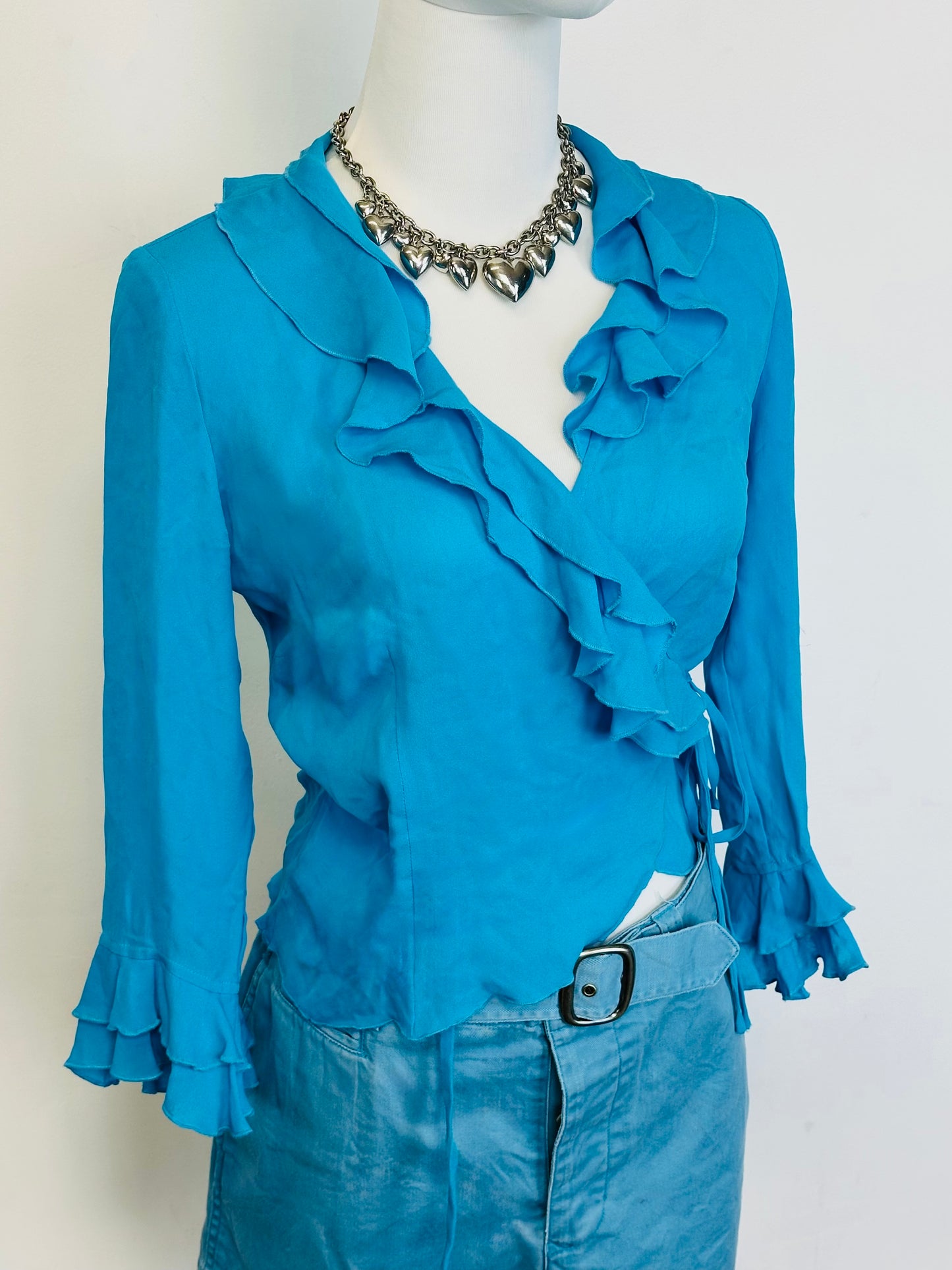 Top vintage in pura seta turchese con volant 🦋