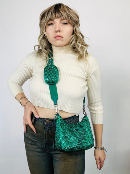 PRADA - Re-Edition 2005 Shoulder Bag – Satin Verde con Cristalli