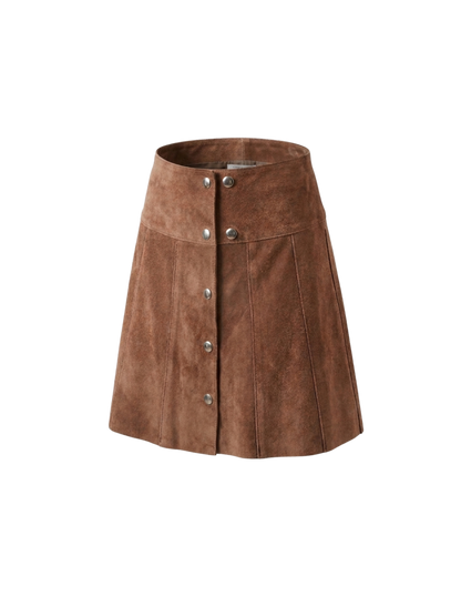 Gonna Mini in Vera Pelle Scamosciata Marrone – Bottoni a Pressione e Pannelli Verticali