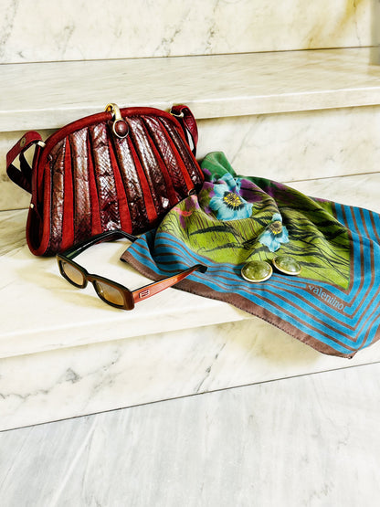 VALENTINO - Foulard Vintage 100% Seta | Motivo Floreale Lavanda e Papaveri Azzurri