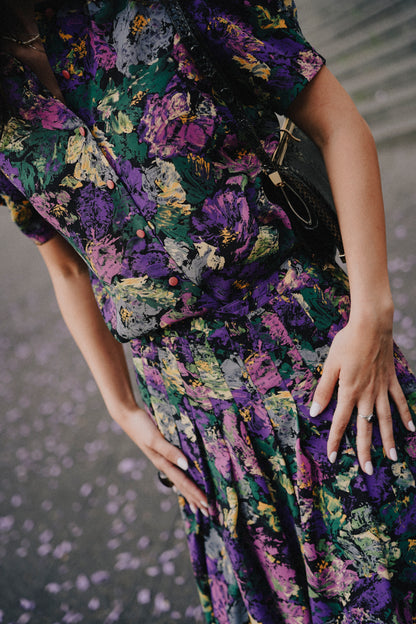 Completo vintage floreale anni ’80/’90 – camicia cropped + gonna plissé