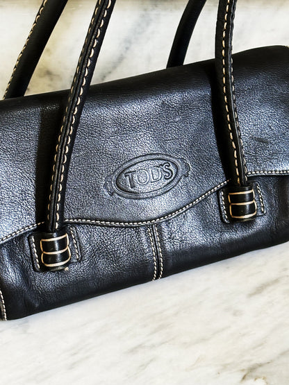 TOD’S - Borsa vintage in pelle nera con cuciture a contrasto