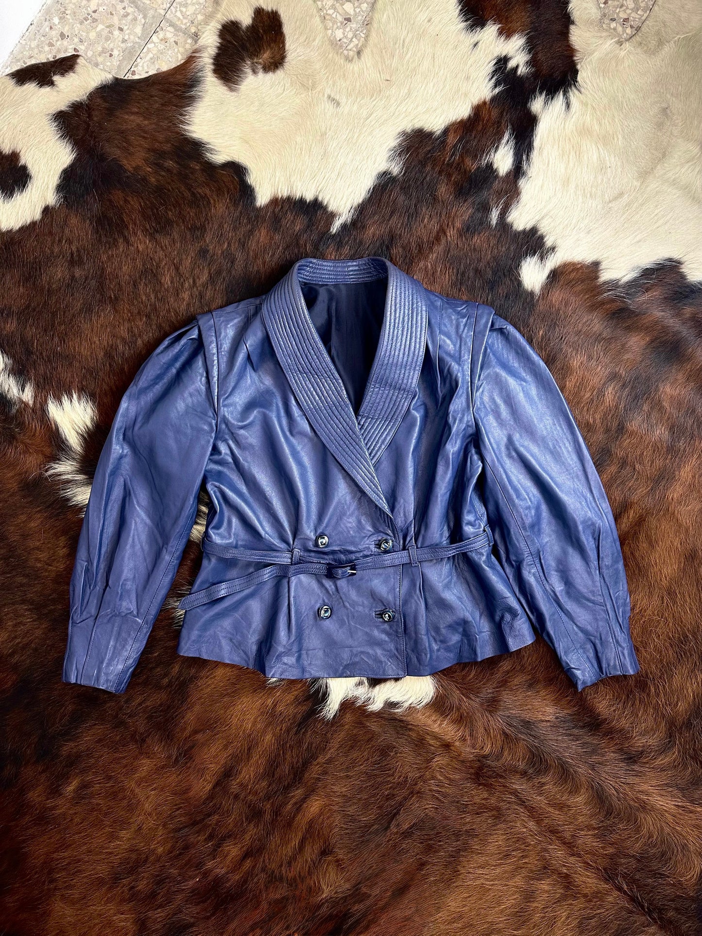 Giacca di pelle blu , doppio petto anni 70