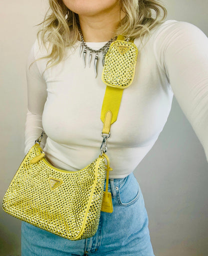 PRADA - Re-Edition 2005 Shoulder Bag – Satin Giallo con Cristalli