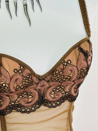 Corsetto Vintage Anni 2000 in Tulle Ricamato e Micromesh Nude