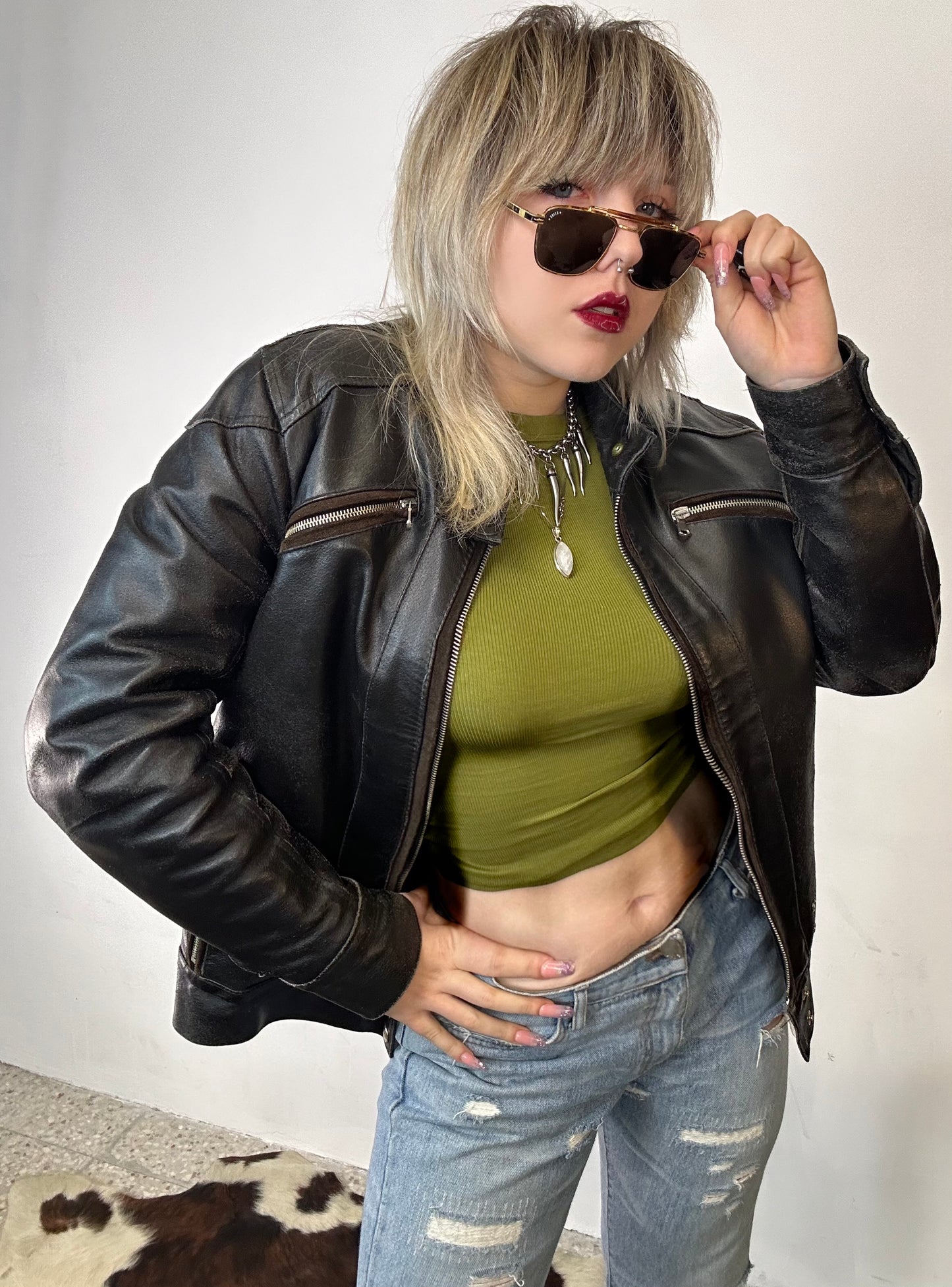 Giacca in Pelle Nera Vintage Stile Biker