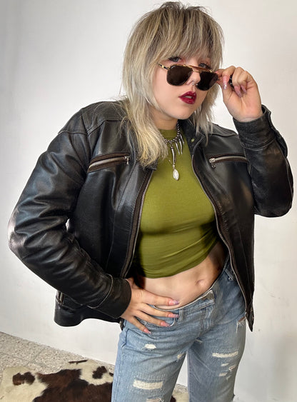 Giacca in Pelle Nera Vintage Stile Biker