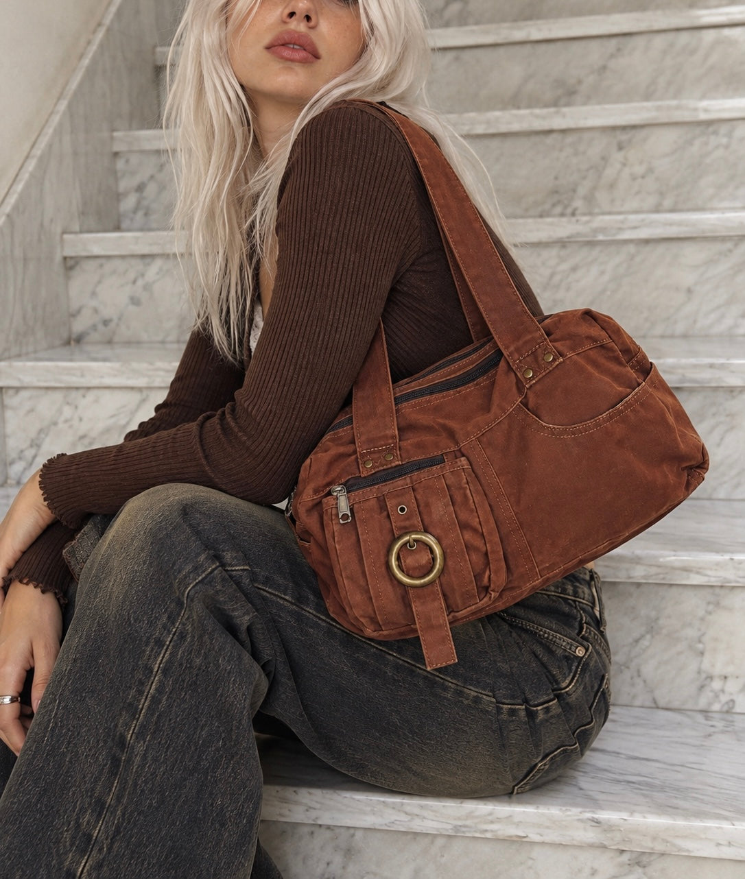 Borsa a spalla in cotone marrone ruggine multipocket – stile Y2K