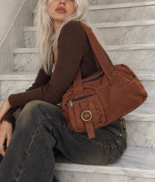 Borsa a spalla in cotone marrone ruggine multipocket – stile Y2K