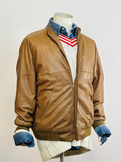 🧥 Giacca vintage in pelle color miele chiaro – Bomber anni ’80