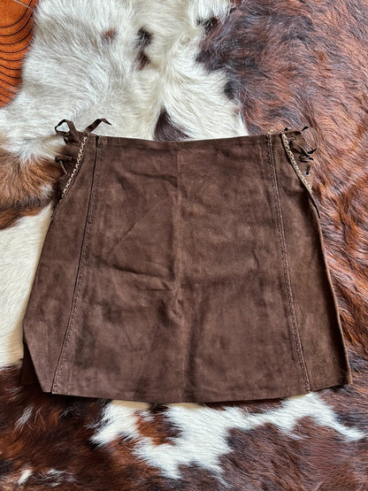 Gonna vintage in pelle scamosciata marrone con lacci laterali