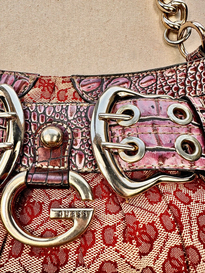 GUESS - Vintage Shoulder Bag Monogram – Burgundy & Pink Croc Effect 🌸