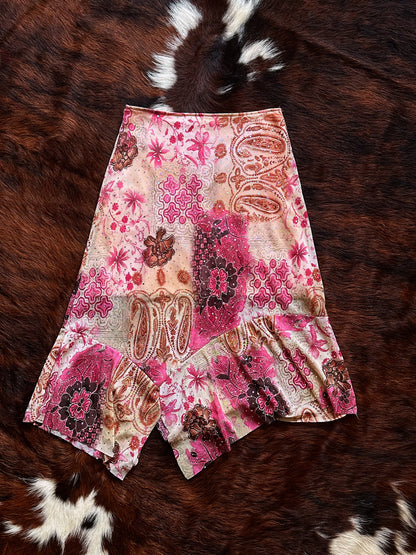 Gonna vintage patchwork con volant asimmetrico e glitter – Rosa & paisley Y2K