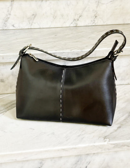 MARELLA– Borsa vintage in pelle nera con impunture a contrasto