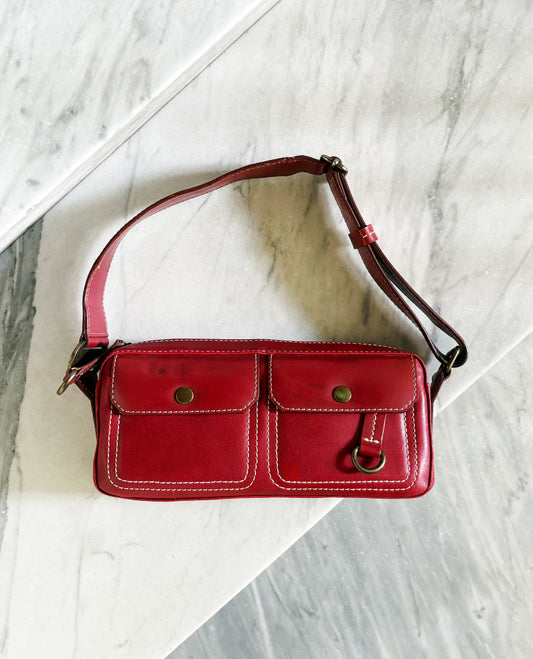 Vintage Y2K Red Leather Multipocket Shoulder Bag – Borsa in Pelle Rossa