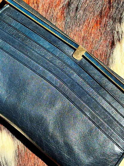 CLUTCH - Borsa Vintage Structured in Pelle Blu Notte con Chiusura Gioiello