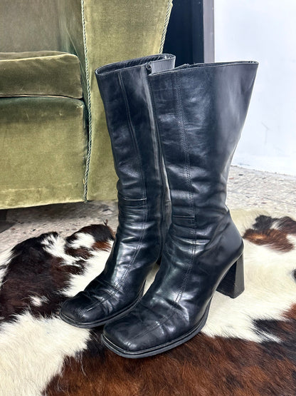 Stivali Vintage in Pelle Nera – Punta Squadrata e Tacco Largo | Taglia 41