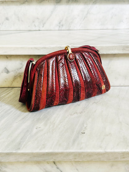 CLUTCH - Borsa vintage in pitone bordeaux dettagli in suede e chiusura gioiello